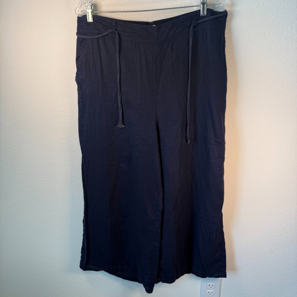 H by‎ Halston Women XL Pants Navy Blue Linen Wide Leg Crop High Rise Belt